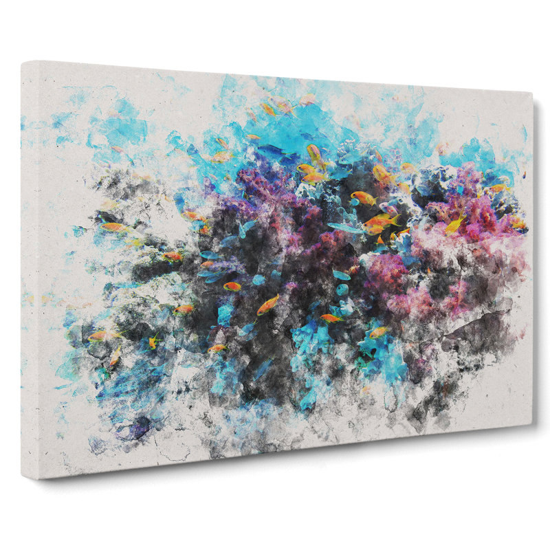 Coral Reef and Fish Watercolour - Wall Art, 35cm H x 50cm W x 3cm D, Wrapped Canvas