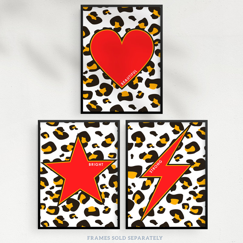 Leopard Pattern Motivational Beautiful Strong Bright Heart Star - 3 Piece No Frame Print Set, Multicoloured Red