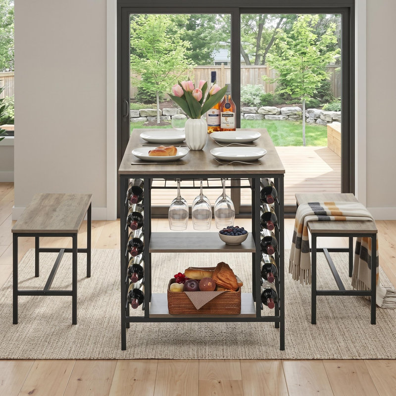 Ensemble de table de salle à manger 3 pièces pour 4 personnes avec porte-bouteilles et bancs, ensemble de tables de cuisine peu encombrantes avec tablettes de rangement pour petits espaces, gris