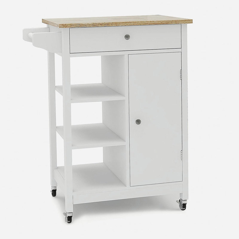 Chariot pour îlot de cuisine avec tablettes réglables et plateau porte-serviettes en bois d'hévéa
