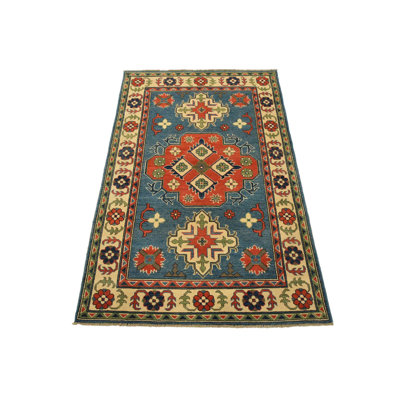 Tapis Kazak 4′ x 5′11″ en laine bleue, noué à la main, style tribal oriental