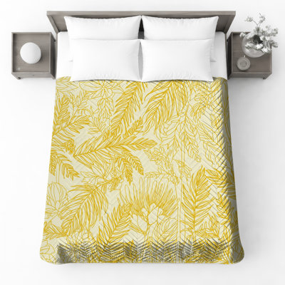 Couvre-lit matelassé jaune feuilles botaniques toutes tailles