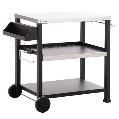 Outsunny 3Shelf Outdoor Grill Cart With Stainless Steel Tabletop, Side Handle, 32" X 20.5" Multifunctional Pizza Oven Stand, Movable Food Prep Table On Wheels, Black