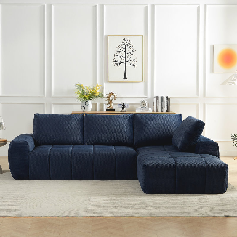 L-Shape Luxury Sectional Oversized Sofa, Left Hand Facing, Dark Blue Faux Fur