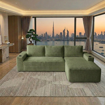 104" L Shaped Boneless Sectional Couches for Living Room, Comfy Corduroy Floor Cloud Sofa with Chaise and Cup Holder, Wide Armrest, Deep Seat, Assembly Free, Ideal for Small Spaces，Green Right Facing Chaise