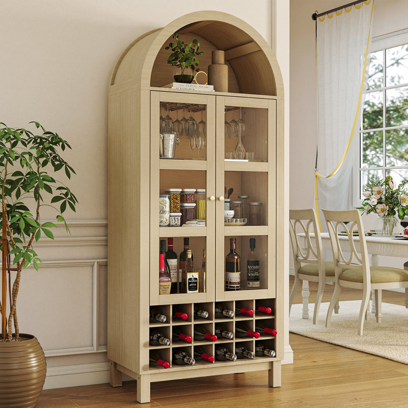 Meuble-bar 70 po de hauteur, station de whisky arquée avec portes en verre, Blanc