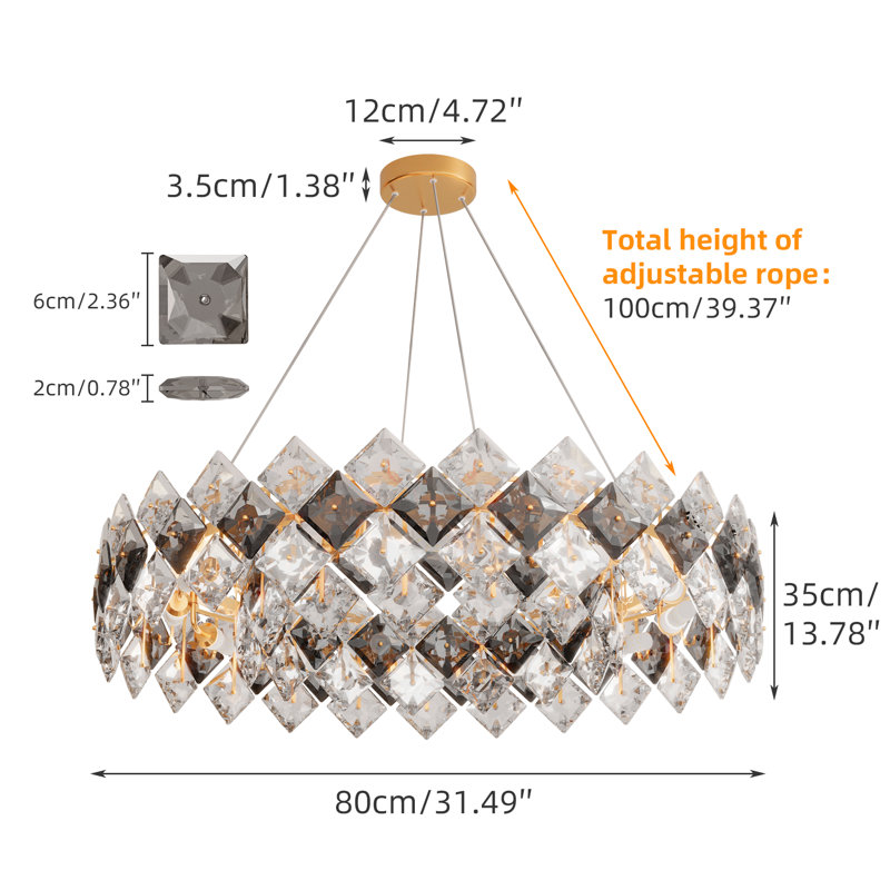 Jannetje Crystal Cylinder Chandelier with Crystal Accents, 12 Lights, 13.78" H x 31.49" W x 31.49" D