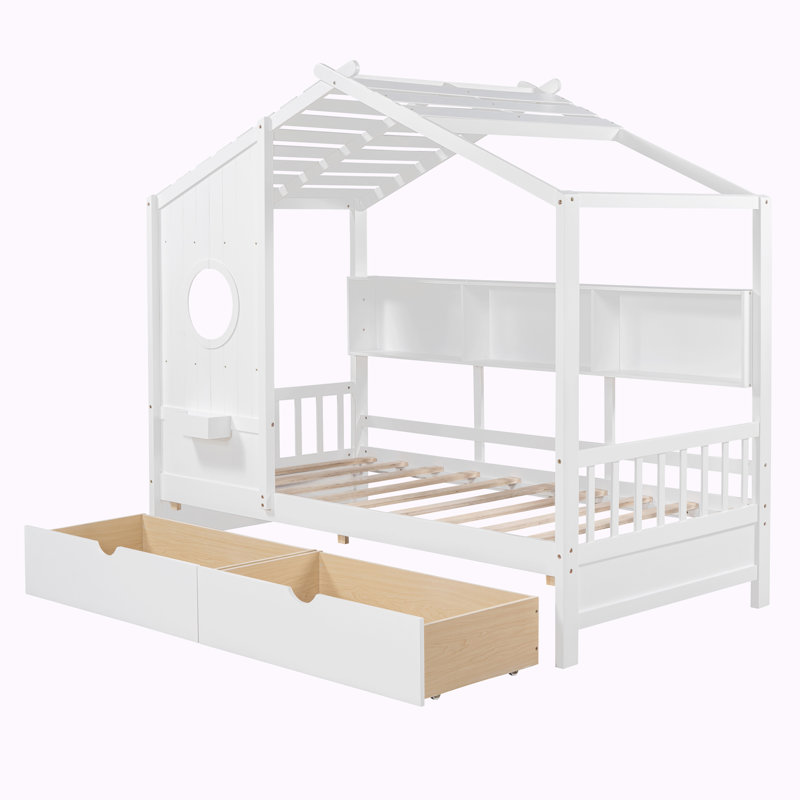 Adreinne Pinewood Frame Wooden House Bed with Two Big Drawers and a Shelf, Semi-Enclosed Space, Playhouse Design, Twin, White