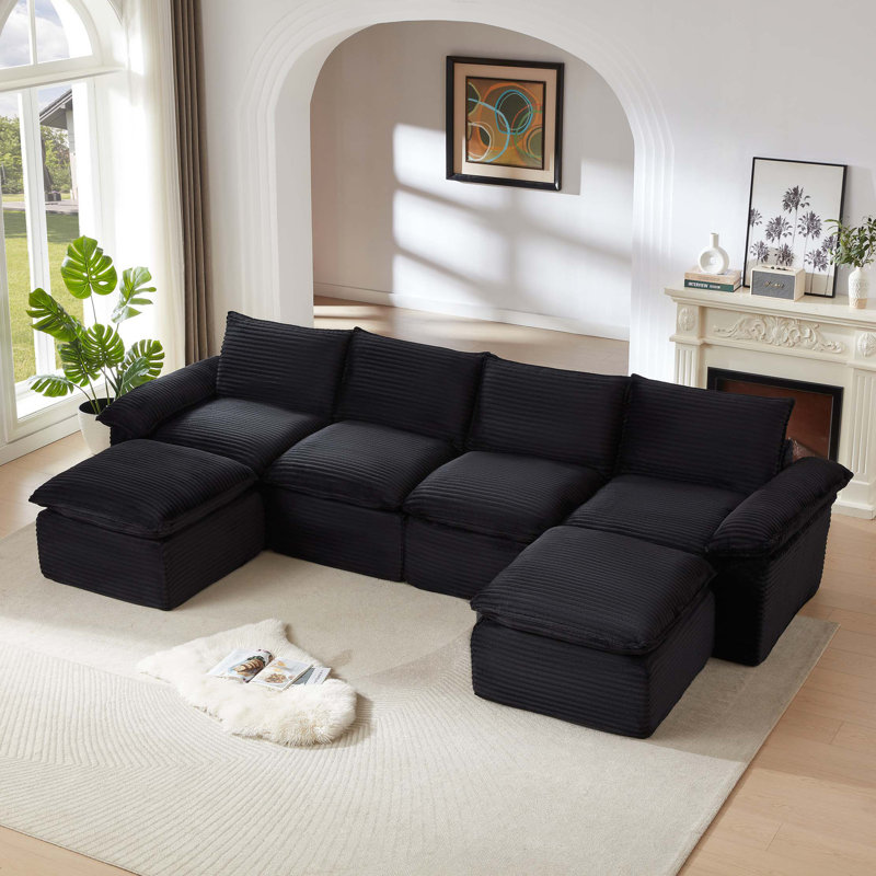 Canapé moderne en nuage de velours côtelé, peut être combiné librement et offre une expérience d'assise confortable, 4, Noir