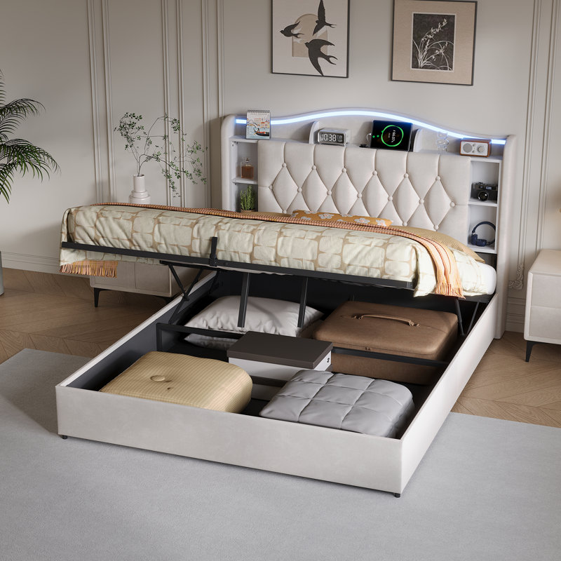 Upholstered Velvet Lift Up Storage Bed, European Double (140 x 200 cm), Beige