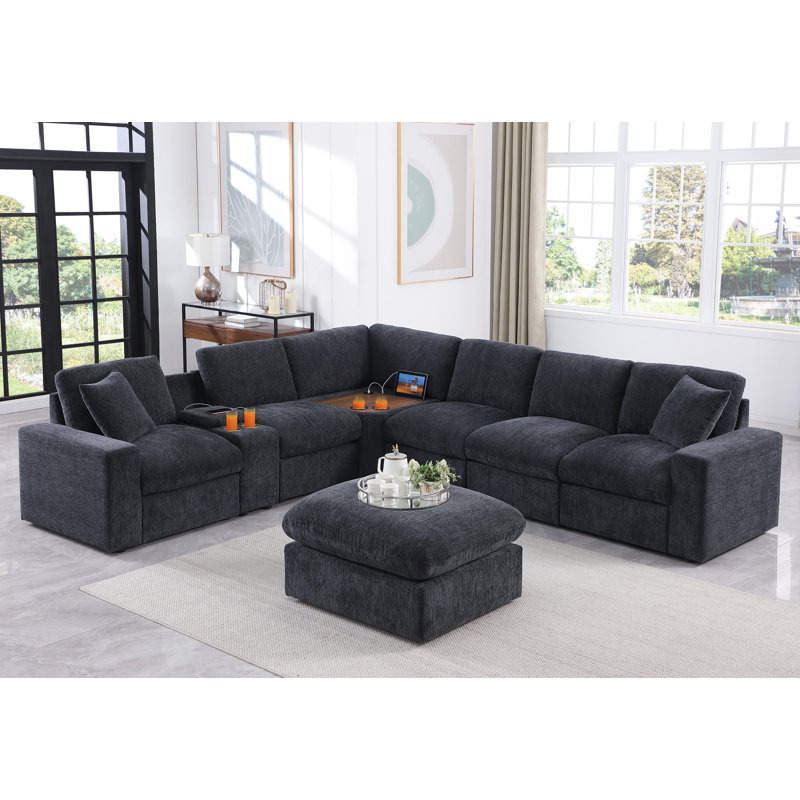 Bondilla Corner Sectional Sofa With Cupholder Console, Corner Table With USB Port And Ottoman, Gray Chenille