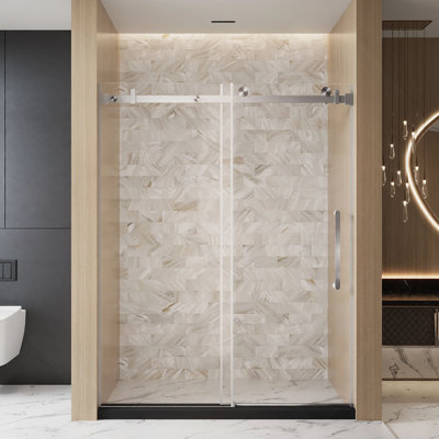 Porte de douche coulissante simple sans cadre l 48 po x H 76 po, verre trempé transparent de 1/4 po (6 mm), film antidéflagrant, poignée en acier inoxydable, rail carré, nickel brossé