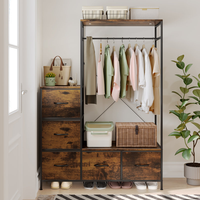 Freestanding 5 Drawers Dresser Closet Organizer For Hanging Clothes，With LED Lights