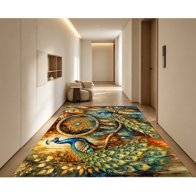Velvet Surface Non‑Slip Area Rug, Boho Peacock Dreamcatcher Vibrant Watercolor Nature Print, Machine Washable, Decorative Floor Carpet, Indoor Home Decor for Living Room, Bedroom, Entryway, Kitchen, Balcony, Apartment