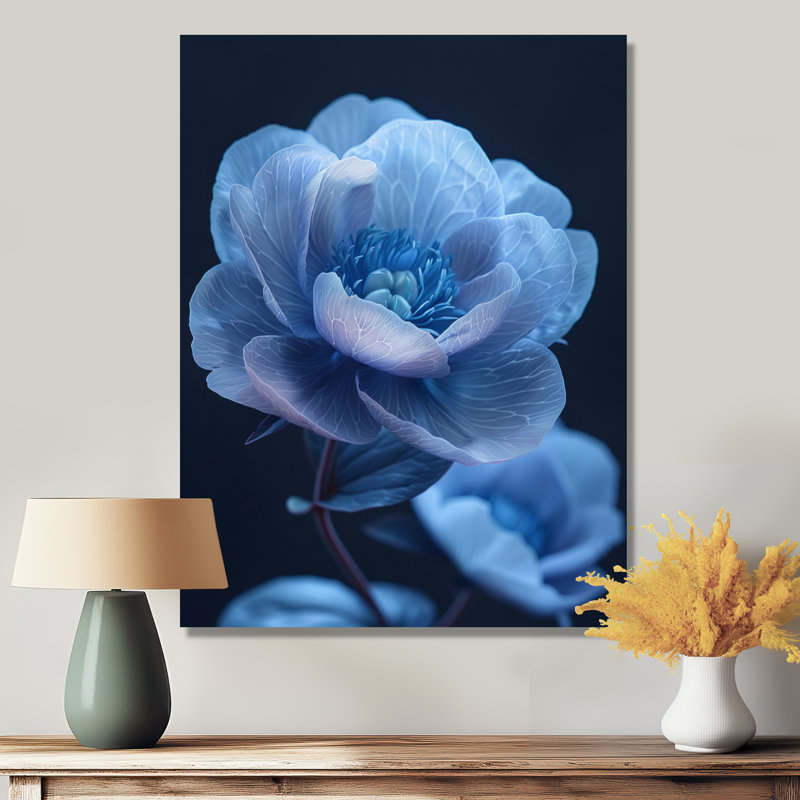 Bleu, noir, pivoines, nocturne, Nirvana I - pivoines, art mural, salon, Toile tendue, H 16 po x l 32 po