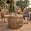 Table d'appoint ronde en bois d'acacia, plateau de finition en teck et structure en corde tressée beige clair, capacité de 68 kg, sans assemblage, résistante aux intempéries, idéale pour terrasse, jardin et salon.