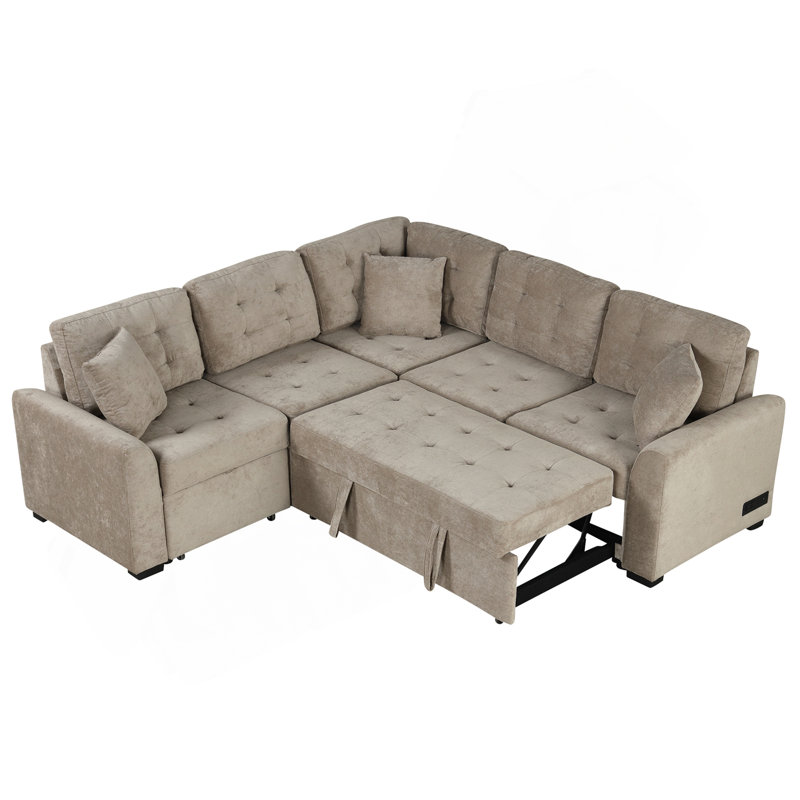 Canapé-lit escamotable en forme de L 82,6 po avec roulettes, ports USB, prises de courant pour le salon, kaki