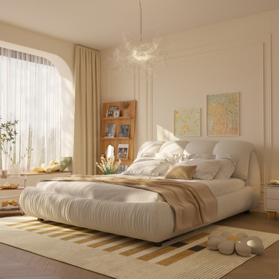 Queen Size Luxury Upholstered Platform Bed with Oversized Padded Headboard & Solid Wood Frame, Modern Design,Beige