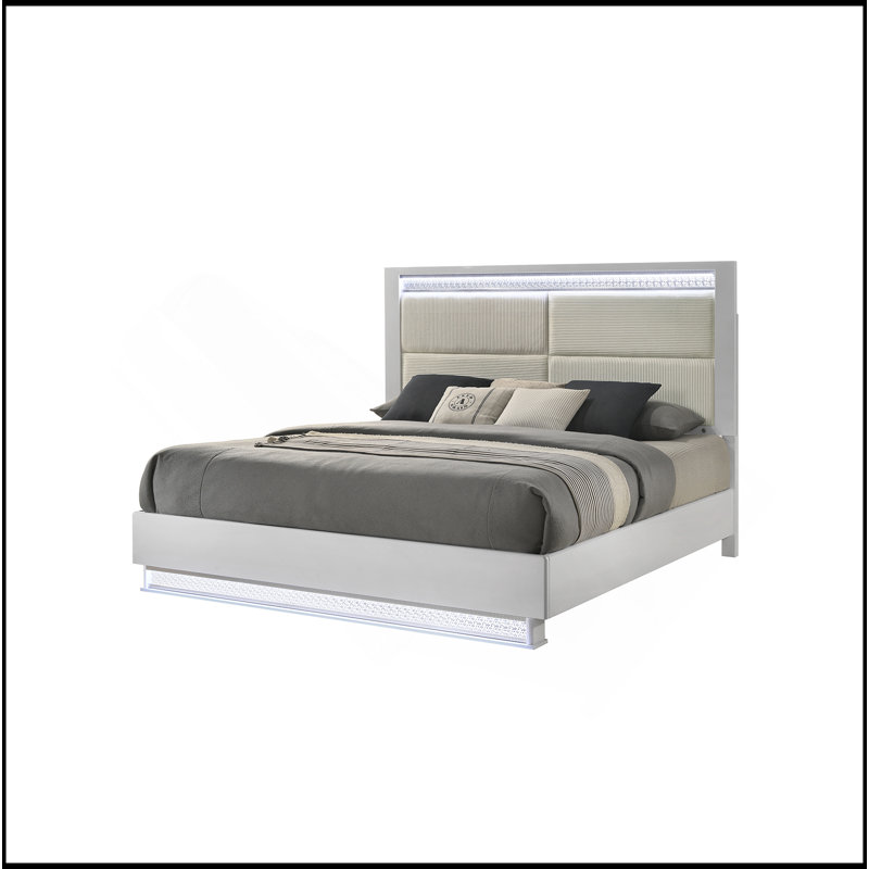 Grand lit Glam de style moderne avec tête de lit à DEL et bois en blanc