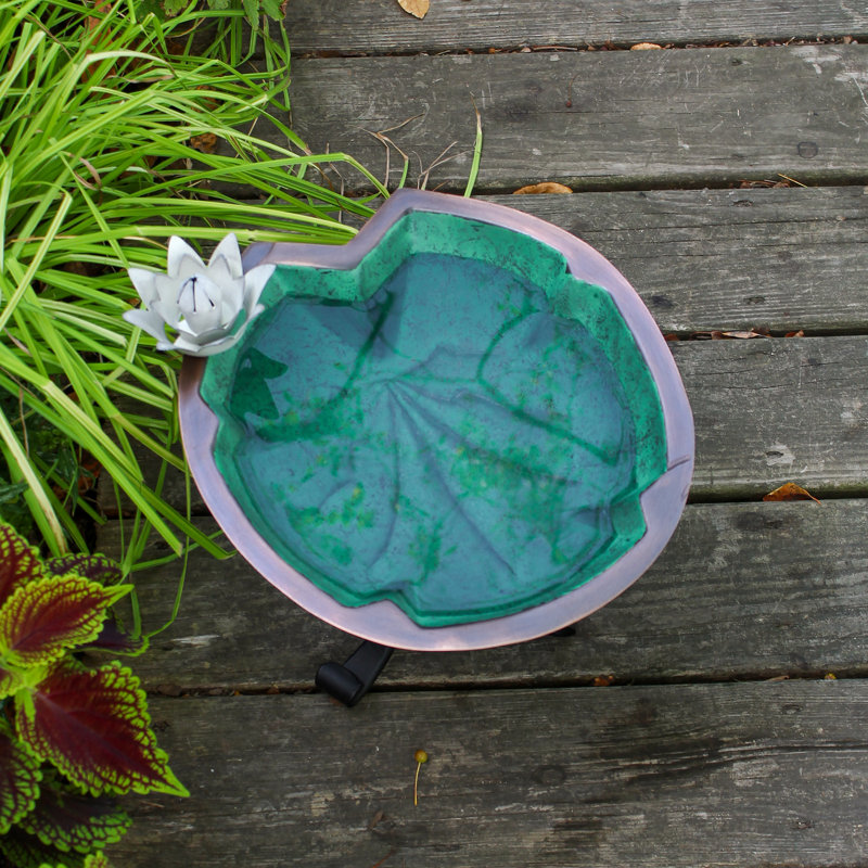 15" Green and Copper Metal Lily Pad Birdbath with Iron Stand