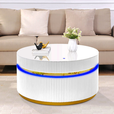 Table basse ronde blanche 39 po avec dessus en verre et lumières DEL Tavita