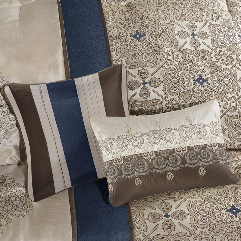 California King Navy Jacquard Comforter Set with Decorative Pillows