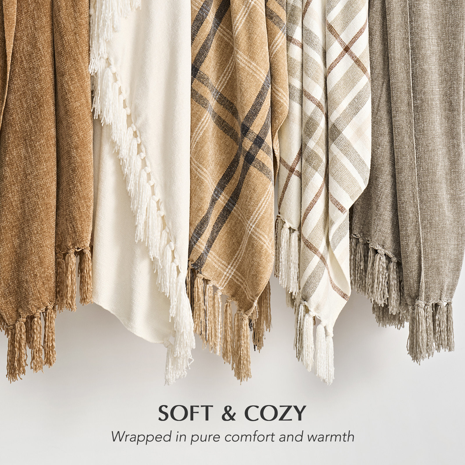 Chenille Throw Blanket, Beige/White Plaid, 90" L x 90" W