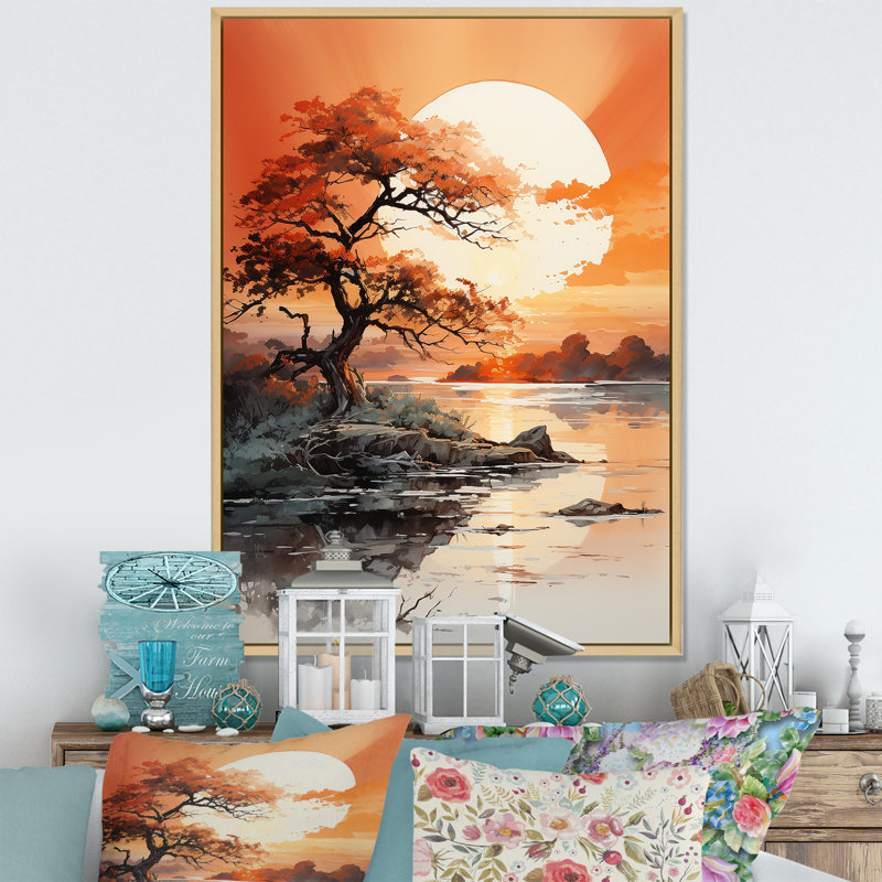 Orange, lune, silhouette, paysage I, art mural floral, salon, H 32 po x l 16 po x P 1 po, Cadre naturel flottant