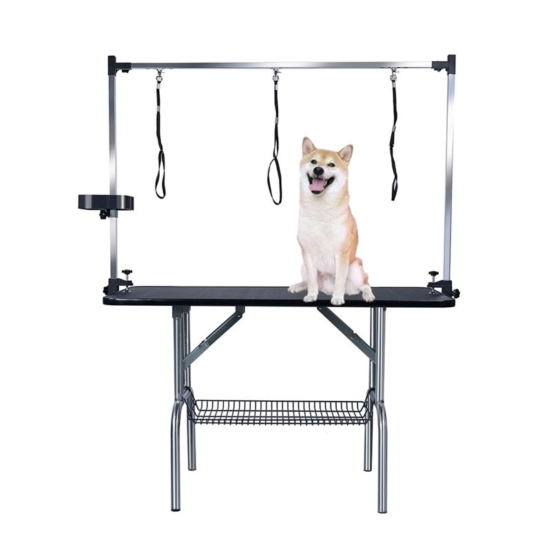Foldable Grooming Table Adjustable Height Arms Pet Station with Nooses, Mesh Tray, Tool Organizer, Black