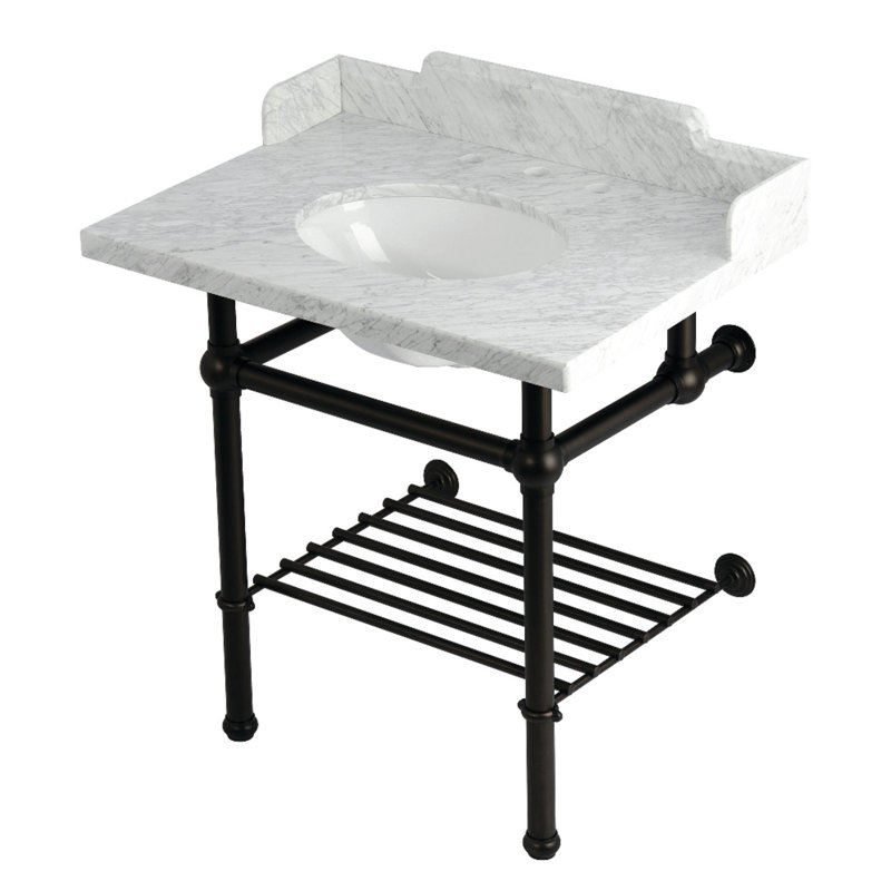 Kingston Brass Pemberton 30-Inch Carrara Marble Console Sink with Brass Legs and Shelf (8-Inch, 3-Hole)