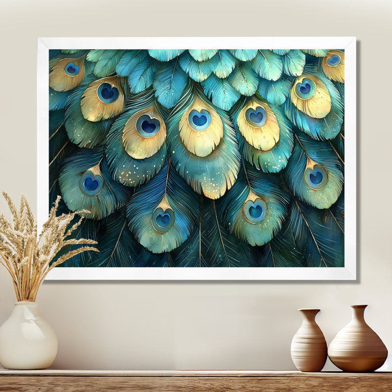 Collage de plumes de paon bleu et vert Grinstead II - oiseau, art mural, H 30 po x l 40 po, Cadre simple, Blanc