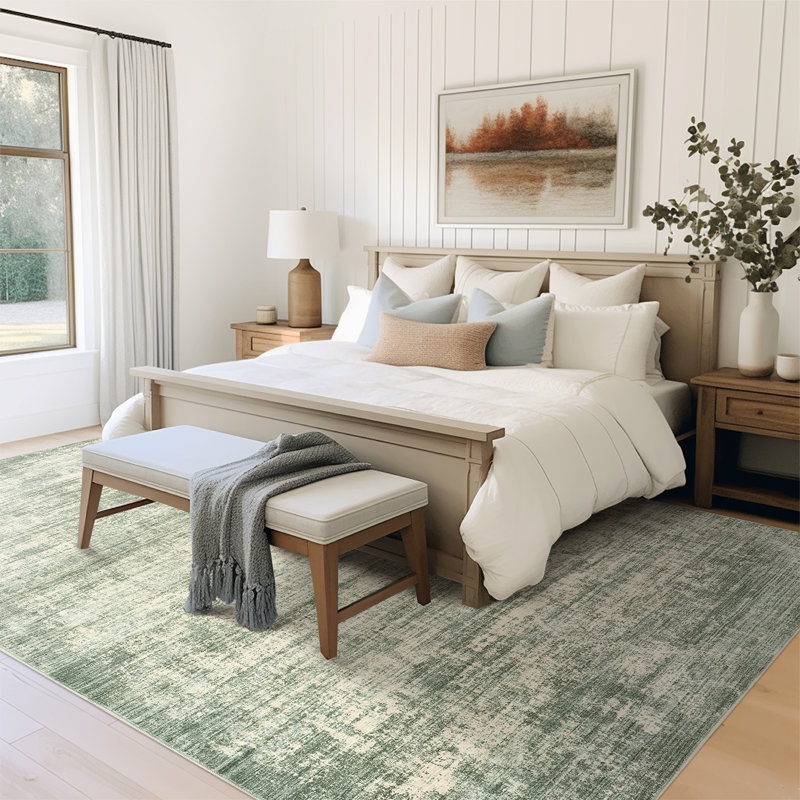 Distressed Abstract Non Slip Washable Area Rug(5'X7', Green), Rectangle 9' x 12'