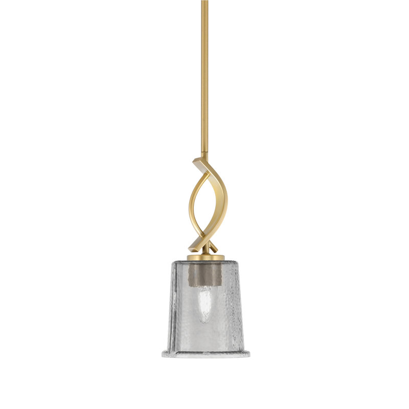 Suspension miniature Waldes Stem Hung présentée ici en finition laiton New Age avec verre fumé à bulles de 13,3 cm (5,25 po).