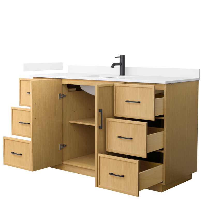 Ensemble de meuble-lavabo simple autoportant 60 po avec plateau en quartz Elan TK, Quartz blanc, Chêne clair, Noir mat
