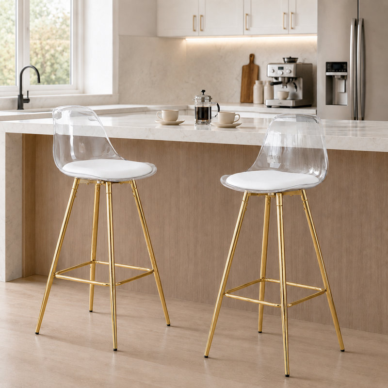 Modern Transparent Bar Stool with Upholstered Seat and Metal Legs, Gold