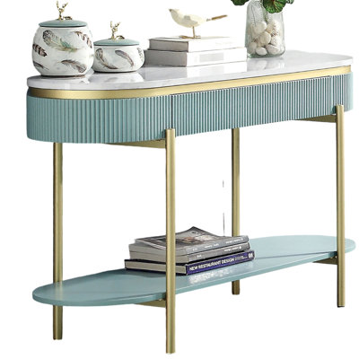 Teal Hall Table With White Faux Marble Tabletop And Bearing Glides Desk Surface Concealed Storage Compartment
