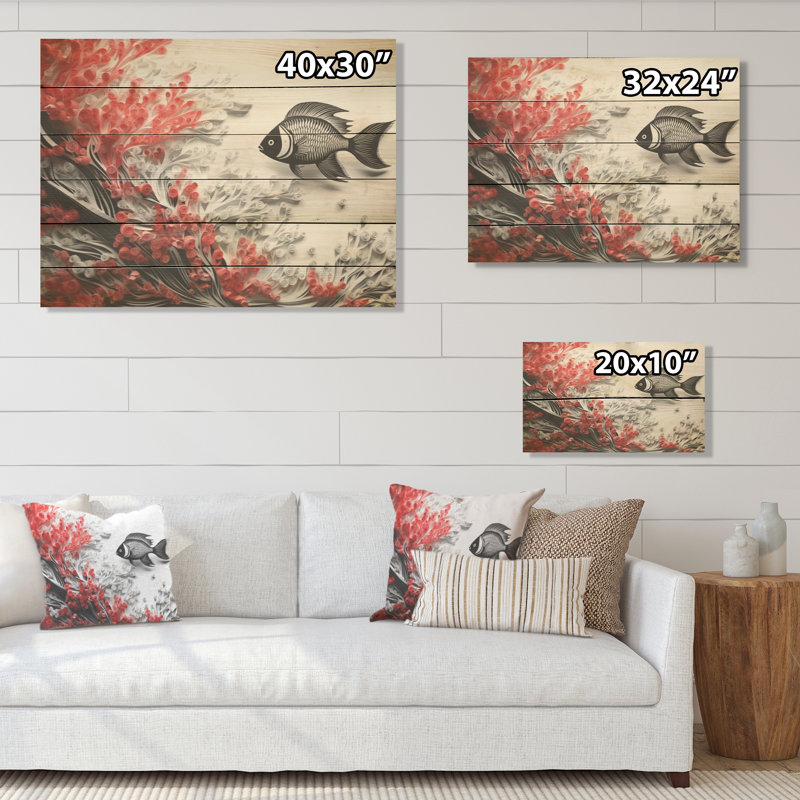 Monogramme noir et rouge en forme de poisson - corail côtier sous l'eau, art mural sur bois de pin naturel, H 30 po x l 40 po