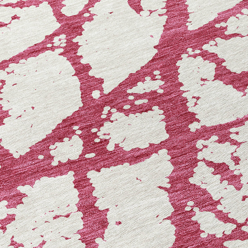 Blush and White Abstract Machine-Washable Indoor/Outdoor Rug