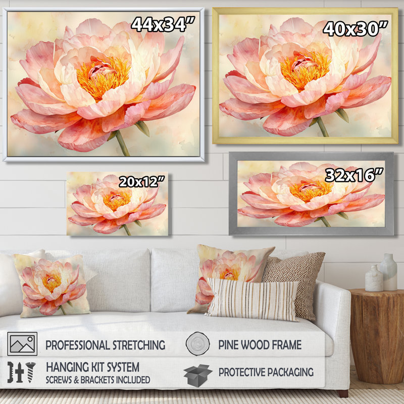 «Water Lily Peony Simplicity Bloom I», art mural pivoines, H 34 po x l 44 po, Cadre simple argenté