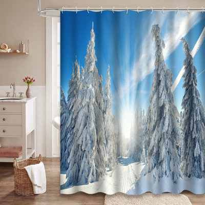 Amazing Winter Snowy Forest Christmas Ice Shower Curtain with 12 Hooks