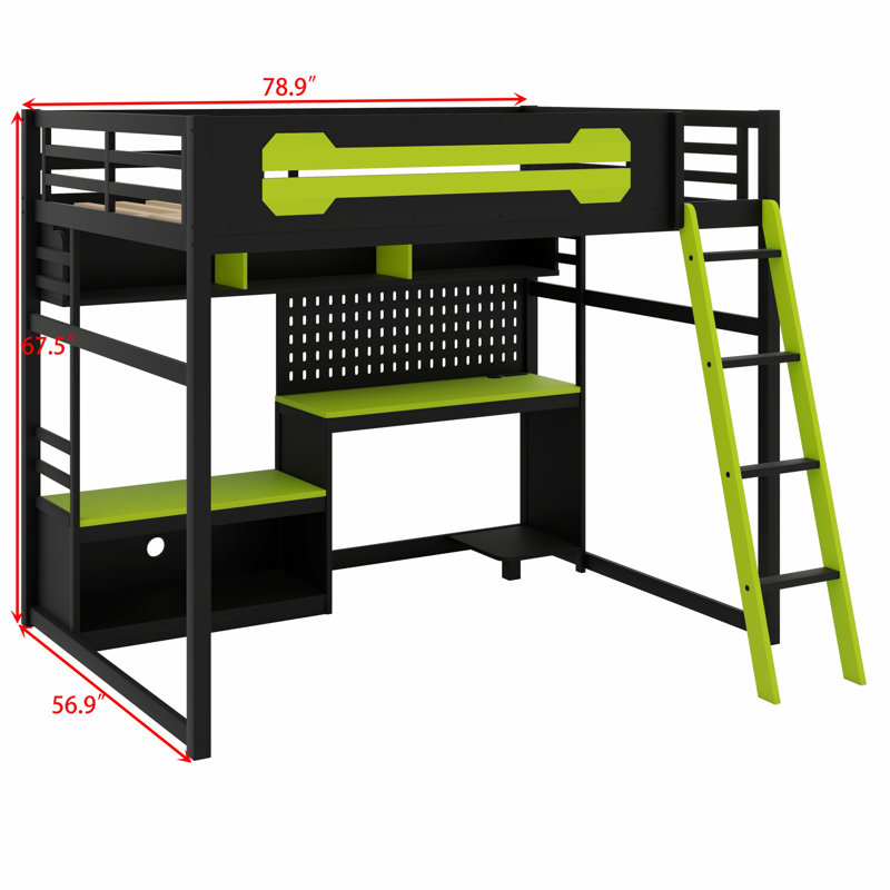 Lit mezzanine en bois avec bureau, tablettes, lumières DEL, ports USB et panneau perforé, Noir et vert