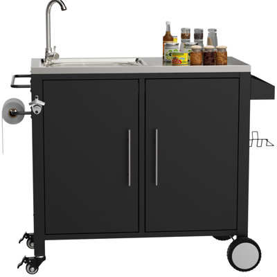 Outdoor Grill Cart Sink Station, 38" X 18" 35", Multi - Purpose Design, Made Of 304 Stainless Steel, With Storage Bin And Removable Trash Table, Lockable Wheels A Large Capacity Single Slot