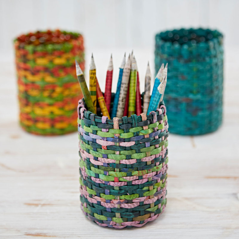 Round Recycled Newspaper Pencil Holder, Green/Lilac