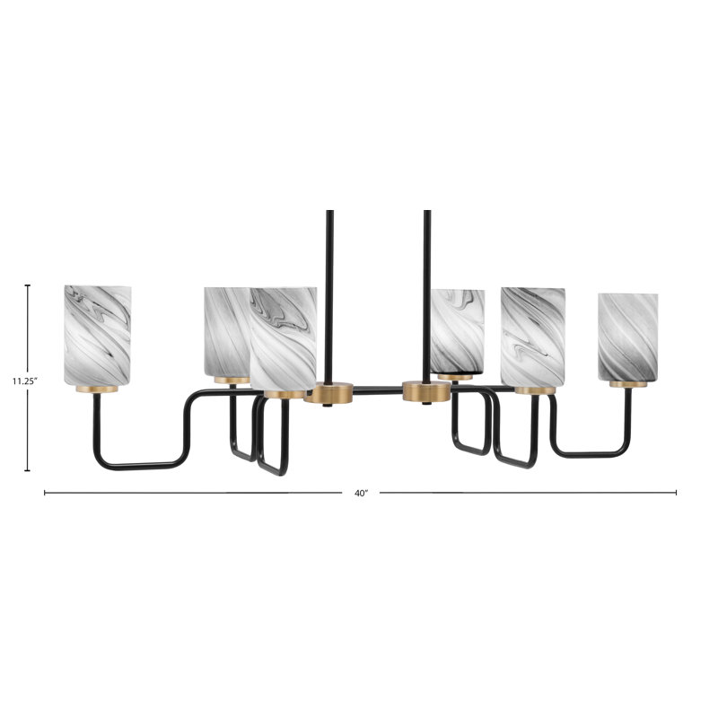 Luminaire îlot 6 lumières Amarmula, noir mat et laiton nouvel âge, verre tourbillon onyx 4 po, Noir / blanc