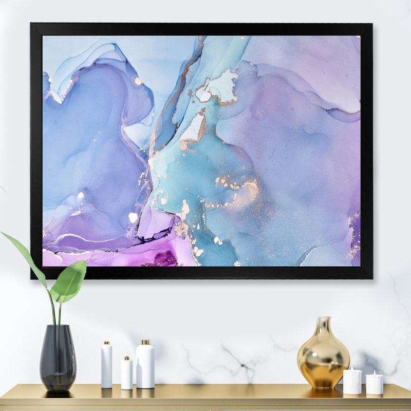 Art liquide bleu avec veines dorées II - reproduction sur toile, H 30 po x l 40 po, Toile avec cadre de coin noir fermé