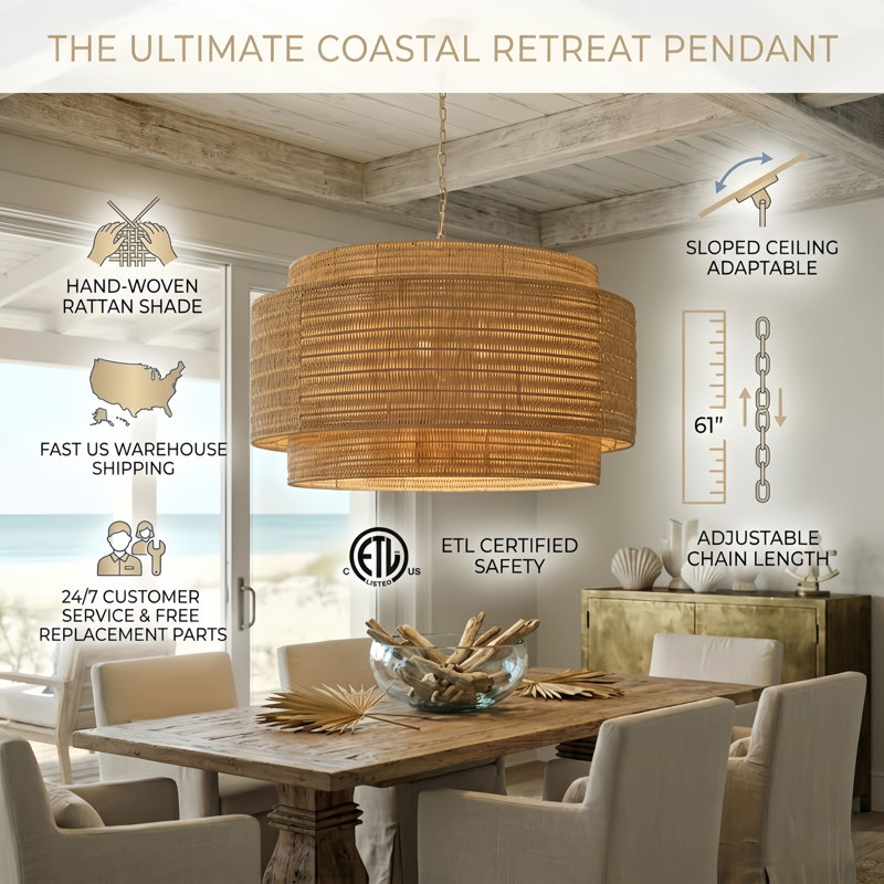 4-light 28"W Hand-Woven Rattan Modern Farmhouse Drum Chandelier with Polished Brass Metal for Dining Room or Bedroom, Brown