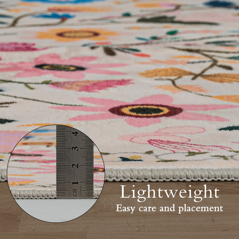 Nature Voja Floral Non-Slip Machine Washable Colorful Modern Area Rug in White for Living Room, Bedroom, Hallway Runner, Entryway Rugs