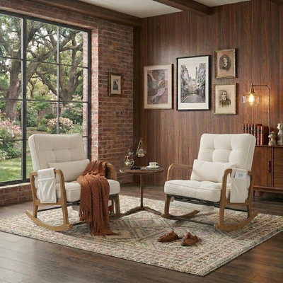 Rocking Chair With Footrest, Rocker Nursery Chair With Side Pocket, Glider Rocker, Accent Reading Chair For Living Room（set Of 2）