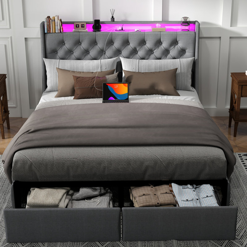 Gray Queen Upholstered Bed Frame with LED Lights and Storage