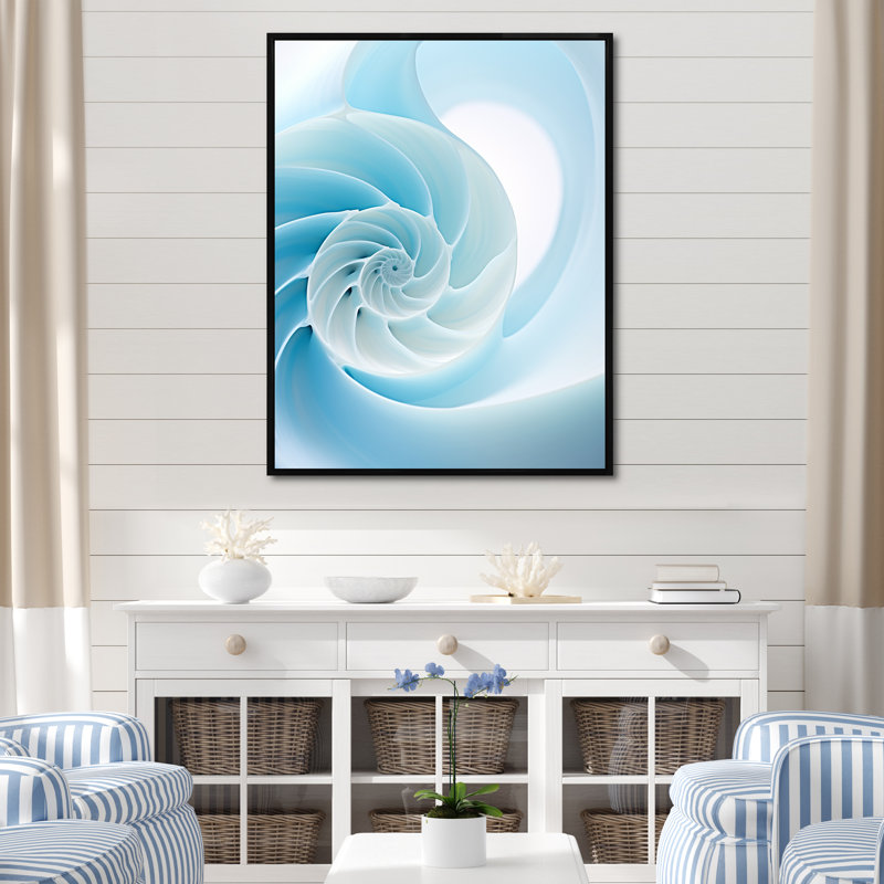 Abîme azur, Nautilus spirale sur toile, Cadre flottant noir, H 32 po x l 16 po x P 1 po